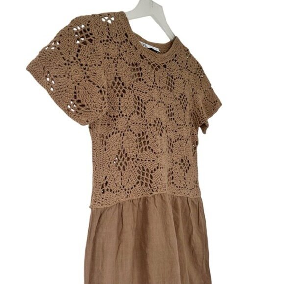 Zara Mixed Macrame Crochet Knit Earth Brown Cotton Midi Dress Size S - Picture 5 of 10